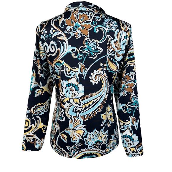 Chico’s SZ 0 (Small) Top Floral Long Sleeve 1/4 Snap Collared Stretch Blue Multi - Picture 4 of 7